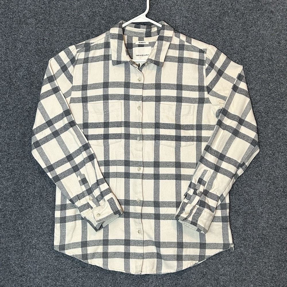 Thread & Supply Women's Cream/Gray Plaid Shirt Shacket Jacket‎ Pockets ~ MEDIUM